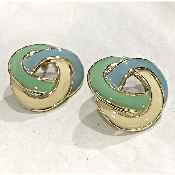 Vintage Pierced Earrings Goldtone Celtic Knot with Green Blue & Cream Enamel - Picture 1 of 6